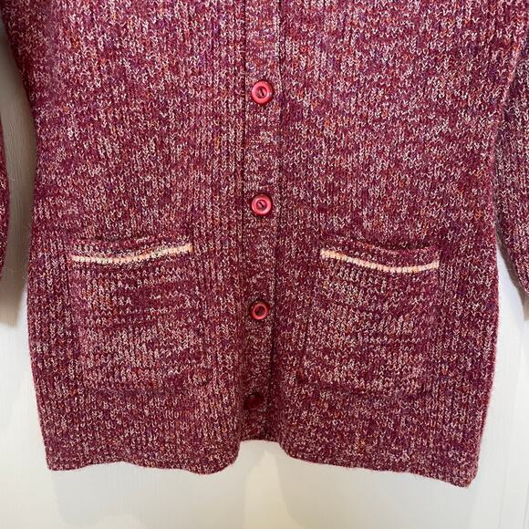 Vintage 80's Wool Cardigan Sweater Kas Brand Bouclet Raspberry Red w/ Pockets L - Picture 3 of 4
